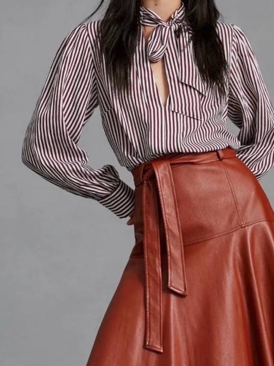 Maeve Tops - Women's Anthropologie Maeve Tie Neck Long Sleeve Blouse Stripe Brown White Large